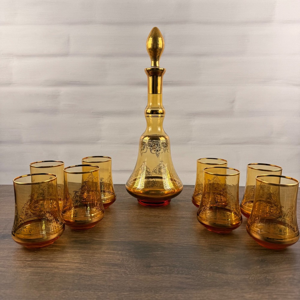 Bohemian Amber Glass Decanter & 8 Glasses Gold Floral Czech Vintage